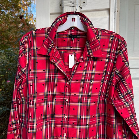 NWT Talbots Pretty Red Multicolored Plaid Black Polka Dot Long Sleeve Blouse - Picture 2 of 6